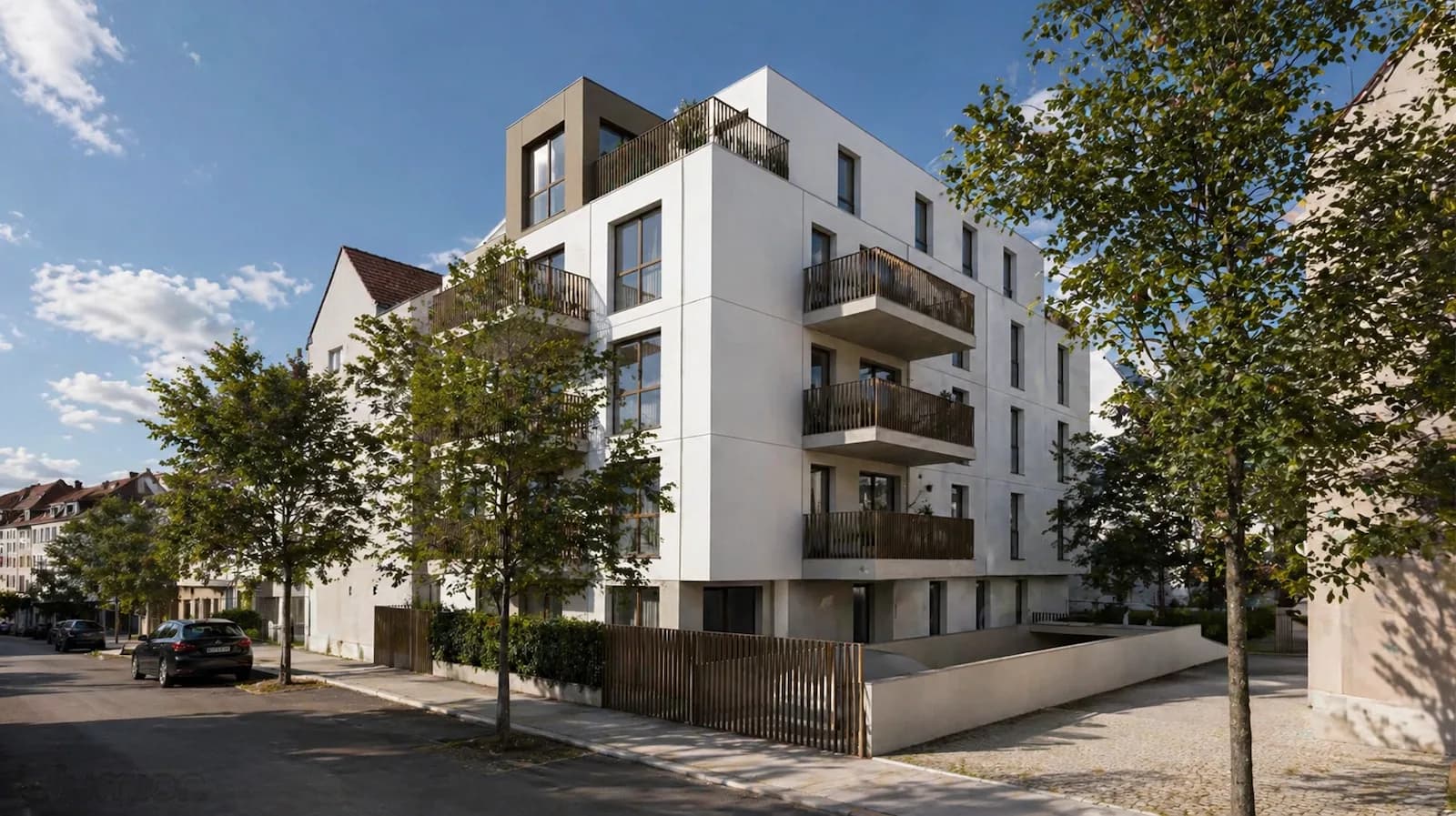 Visualisierung des von der Jonak Unternehmensgruppe entwickelten Wohnprojekts Endresstraße 125a in Wien-Liesing mit Balkonen, Dachterrassen und begrüntem Straßenraum